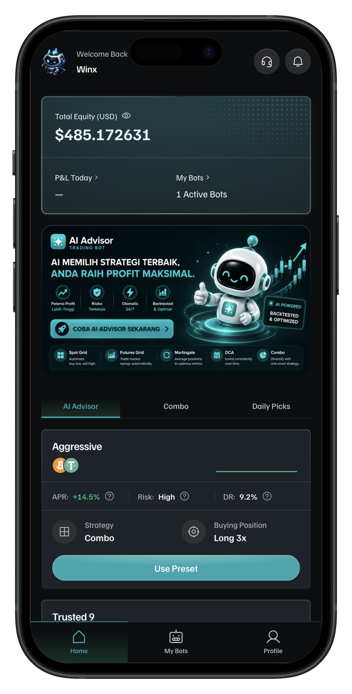 Tampilan aplikasi WINX pada perangkat mobile